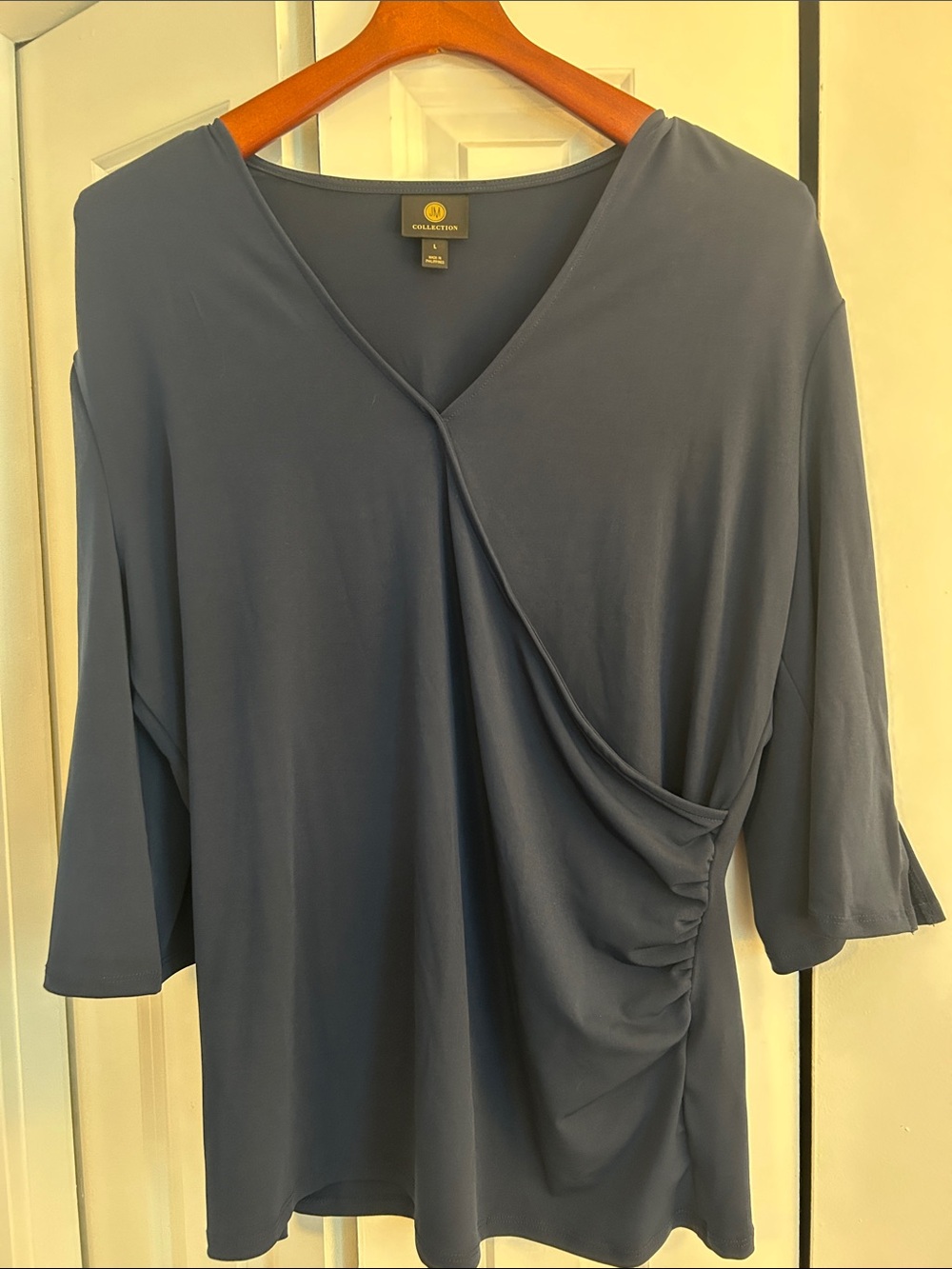 Collection B Slate Blue V-Neck Draped Ruched Women's Blouse